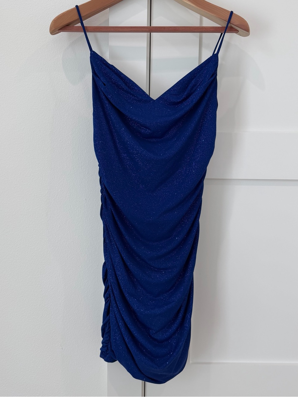 B Darlin Shimmery Cowl Neck Spaghetti Strap Mini Dress in Royal Blue